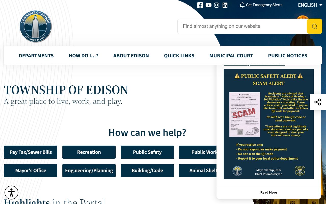 Edison Township municipal website with unclaimed money links