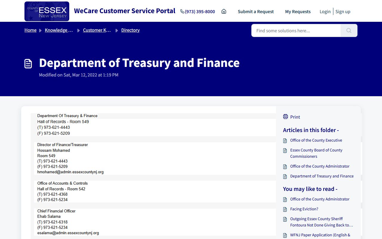 Essex County Treasury Department for unclaimed money inquiries