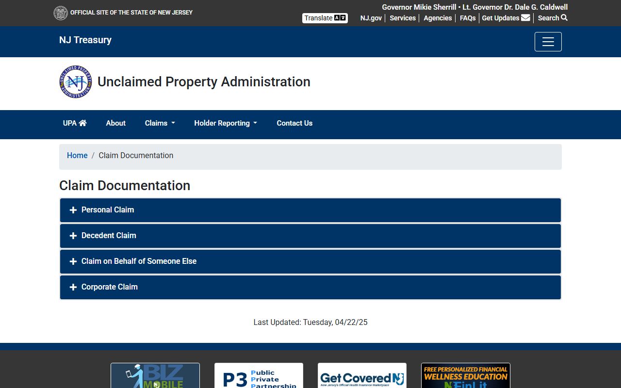 Documentation requirements for Camden County unclaimed money claims