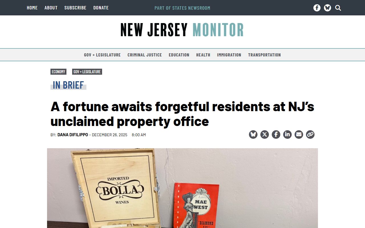 News article about New Jersey unclaimed money for Warren County residents