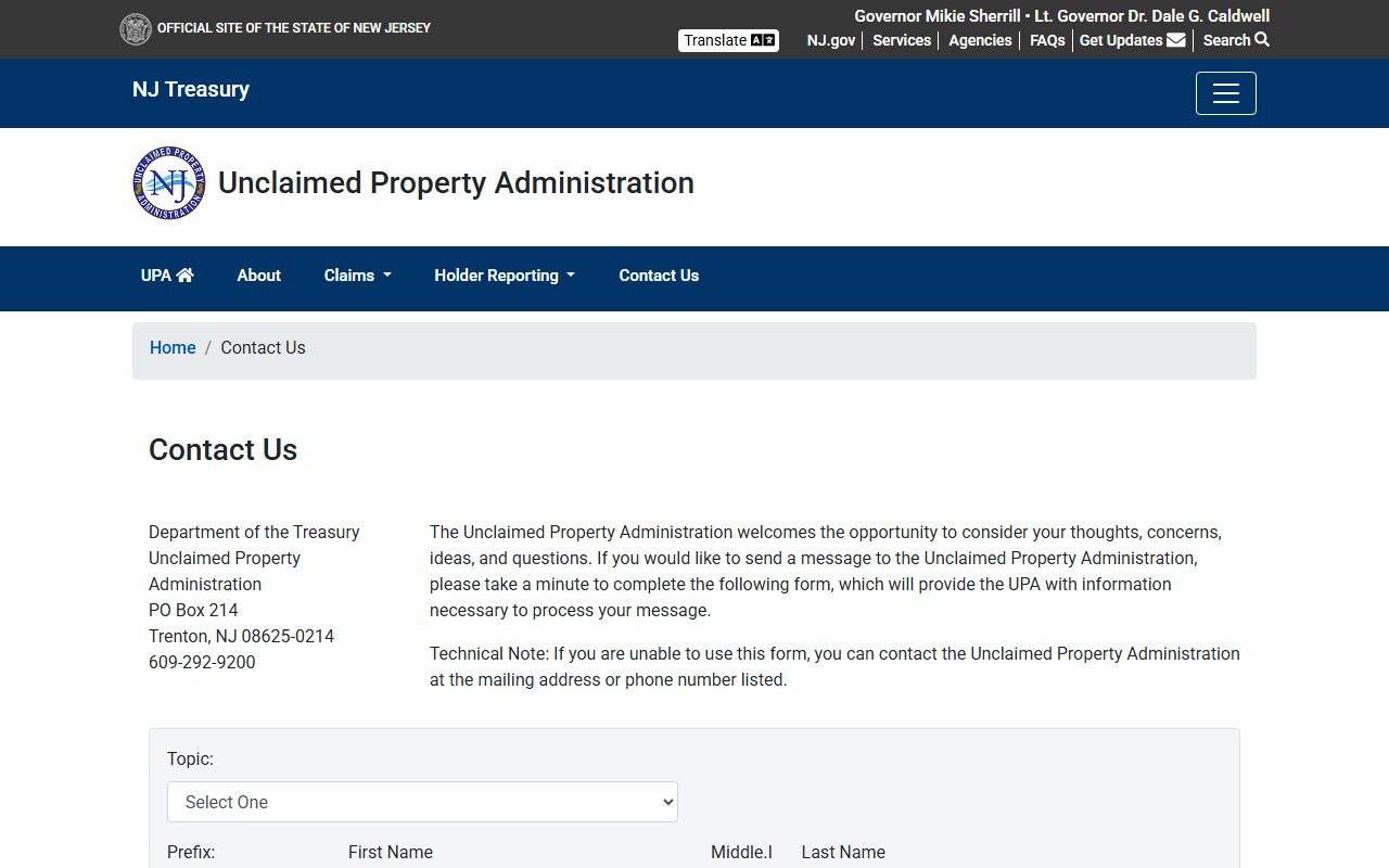 New Jersey unclaimed money administration contact page