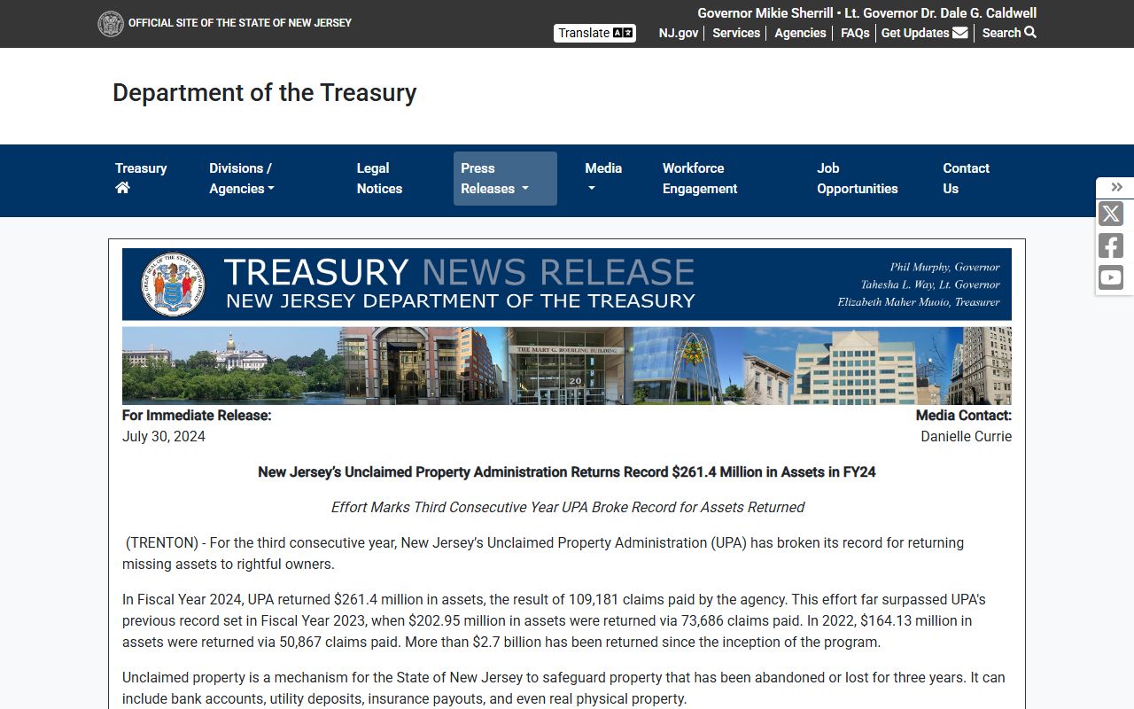 New Jersey unclaimed money record-breaking returns press release