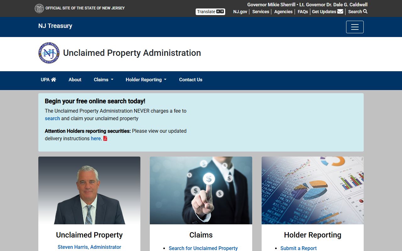 New Jersey Treasury Department unclaimed money administration page